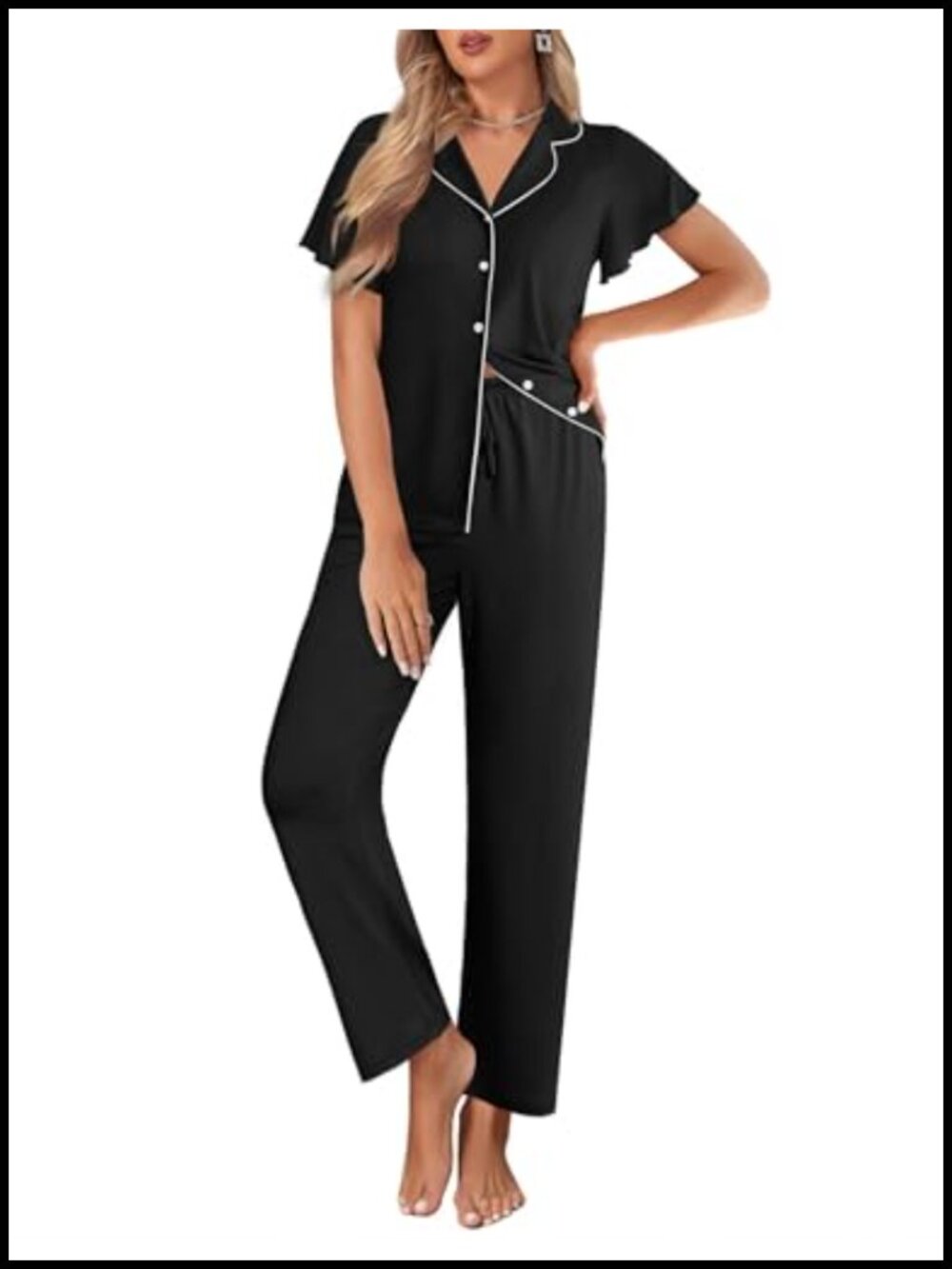 Women's Ruffle Sleeve Pajama Set Button Down Notch Collar Long Pants